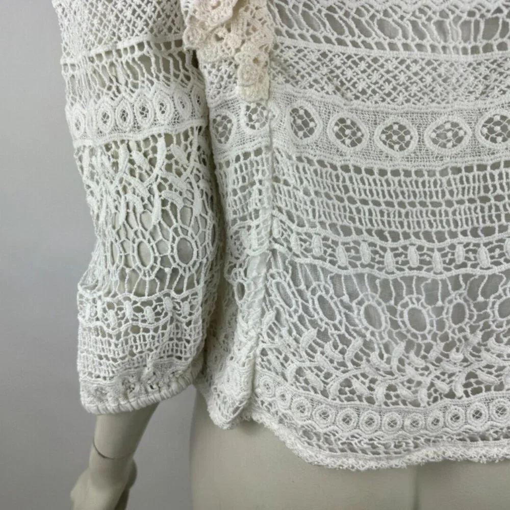 Anthropologie Seen Serena Lace Ruffle Blouse Top Women S 3/4 Sleeve Lined Cotton